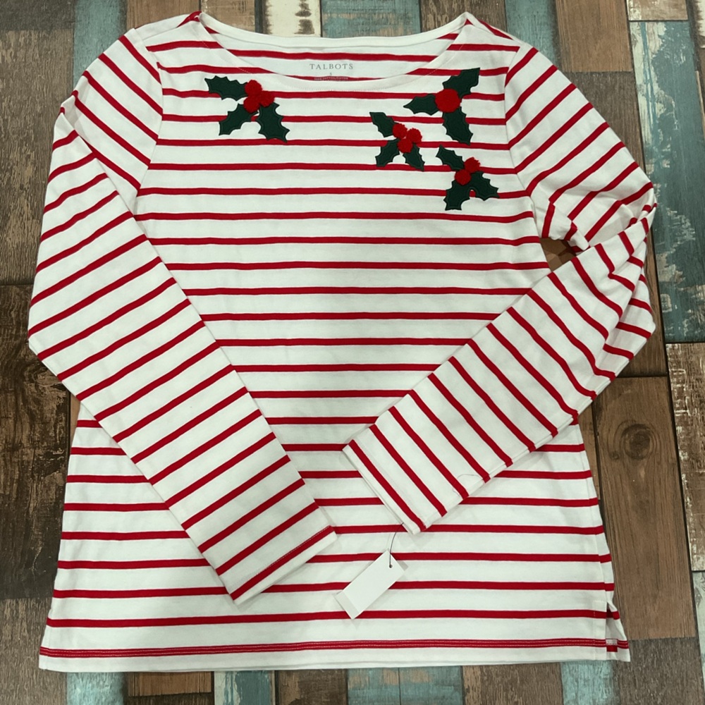Talbots embroidered bateau neck tee holly berry nwt size small holiday